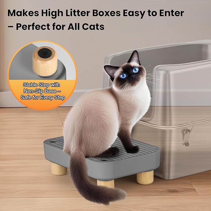 Litter Box Step, Litter Box Ramp/Catcher with Wooden Base, Anti-Tracking & Easy to Clean, Ideal for Small & Elderly Cats (Dark Gray)