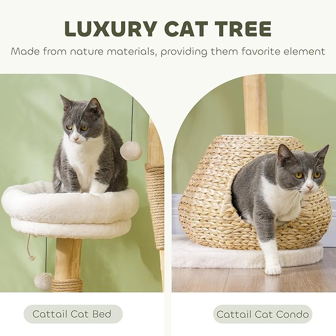 PawHut Cat Tree for Indoor Cats, 41" Wooden Kitten Tower with 2 Real Branch Scratching Posts, Luxury Condo, Beds & Toby Balls, Kitten Activity Center & Cat Furniture, Cream White