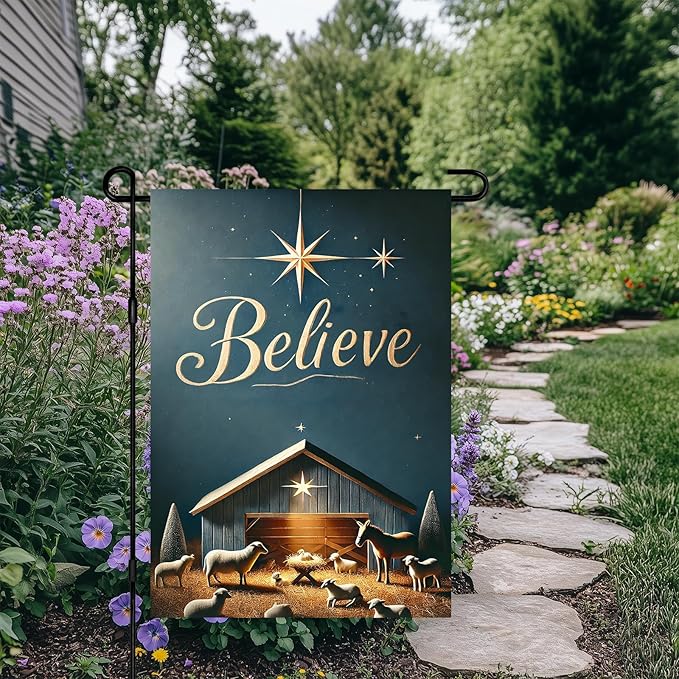Christmas Nativity Garden Flag 12x18 Double Sided Believe Starry Night Stable Yard Flag Gold Text Blue Background Winter Outdoor Garden Decor Lawn Porch Patio Holiday Banner