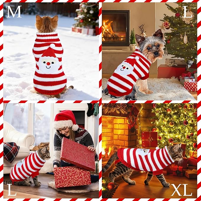 Cat Dog Christmas Sweater Pet Winter Warm Coat Pajamas Small Dog Sweaters Christmas Santa Sweater for Large Cats Small Dogs (Santa, L)