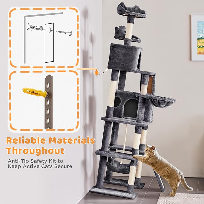 Yaheetech Cat Tree, 82.5in Large Tower w/Hammock, 2 Kitty-Ear Perches, 2 Cozy Condos, Scratching Posts, Basket, Furniture for Large Cats, Kittens, Dark Gray