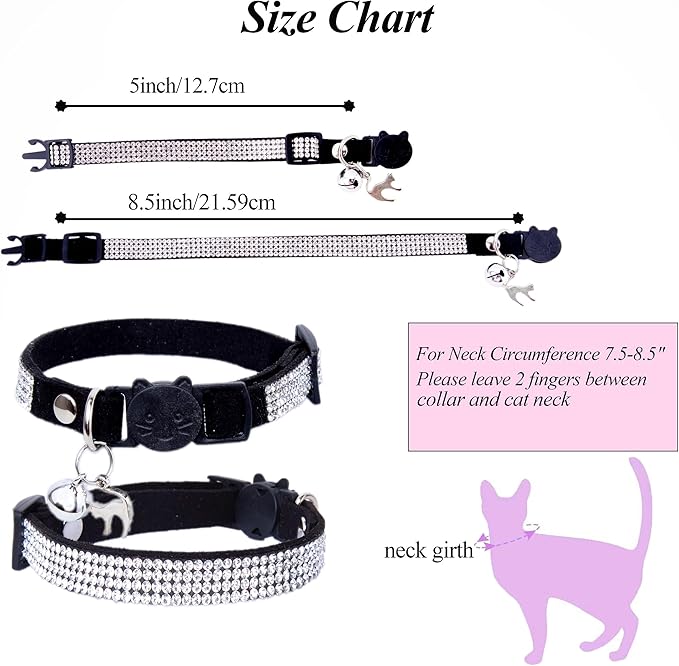 Rhinestone Cat Collar Breakaway with Bell Safety Buckle, Adjustable Diamond Girl Boy Kitty Cute Comfy Collar for Kitten Tiny Little Pets Rabbits, 6"-9" Black Extra Small