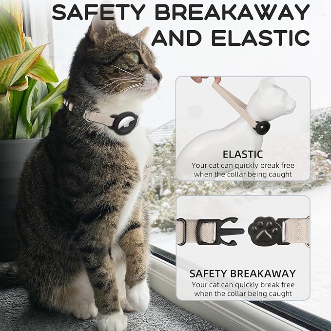 AirTag Cat Collars, Stretchy Collar with Apple AirTag Holder and Bell, Breakaway Design Ultra Elastic GPS Tracking Collars for Cats and Puppies, (7.5-12.5 Inch), Khaki
