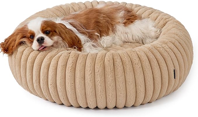 Bedsure ComfyFleece™ Donut Medium Dog Bed - Washable Faux Fur with Corduroy Fleece & Anti Slip Bottom, Round Pet Bed with Removable Cover, Sandy Beige, 30x30x8 inches