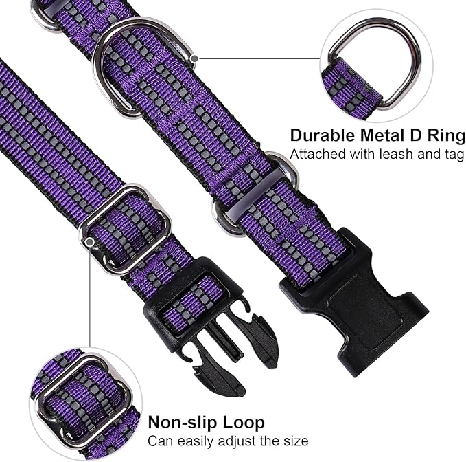 Martingale Dog Collar, Adjustable Nylon Reflective Collar with Quick Release Buckle (Purple, Extra Large)