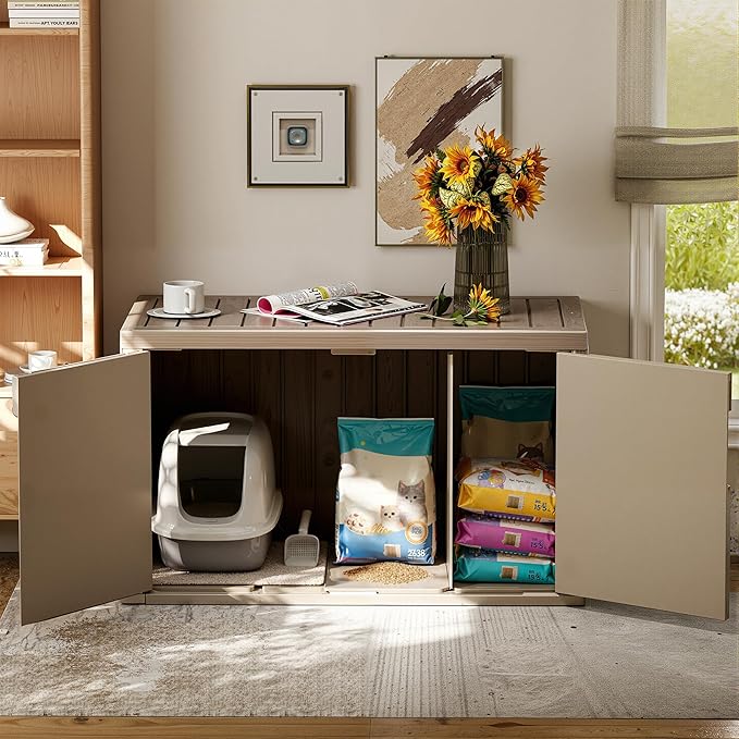 Cat Litter Box Enclosure,Multi-Functional Hidden Litter Box Furniture Cabinet with Adjustable Partition & Side End Table, Indoor Outdoor Cat House with Double Doors,Easy to Clean & Assemble, Gray