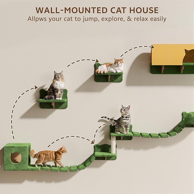 20-in-1 Cat Wall Shelves, Wall Mounted Cat Furniture w/Plush Fabric, Cat Climbing Wall System, 63''H Cat Tower w/Scratching Posts, Cats Shelf with 40''L Tunnel, Condos, House, Step and Ladder