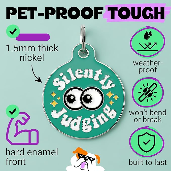 Bad Tags Personalized Dog and Cat ID Tags in 25+ Designs and 2 Sizes - 5 Lines of Custom Engraved Text - Funny Cute Personalized Pet Tags (Silently Judging - Green, Large (1.25 inch))