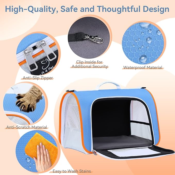 A 4 Pet Cat Carrier, Airline Approved Pet Carrier for Small Medium Cats Dogs Puppy with Safety Tether, Lightweight EVA Soft-Sided Bag, Anti-Collapse for Plane Car Train Vet