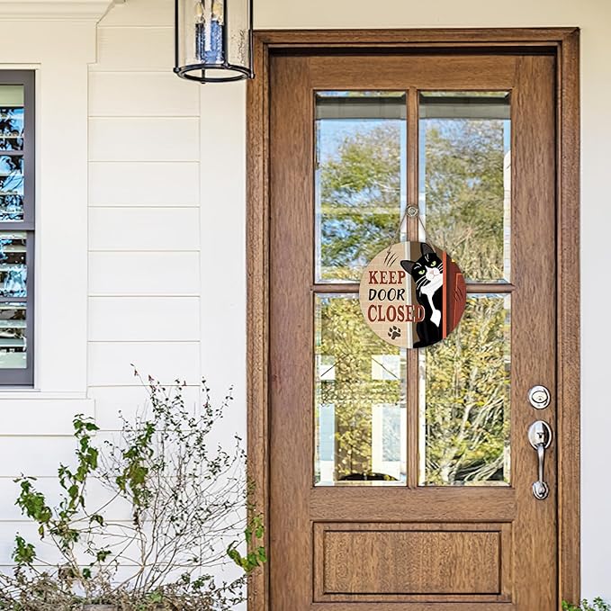 Keep Door Closed Tuxedo Cat Front Door Sign, Funny Wood Hanger Bedroom Porch Decor Pet Owner Lover Gift, Beware of Cat Wooden Wreath Indoor Wall Hanging Home Office Decoration
