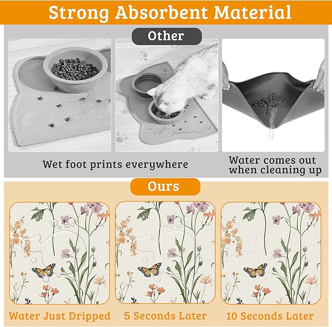 Wildflowers Butterfly Dog Cat Food Mat,Plants Absorbent Waterproof Placemat for Food and Water Non Slip Rubber Backing Durable Feeding Pad for Clean Floors 12" x 20"