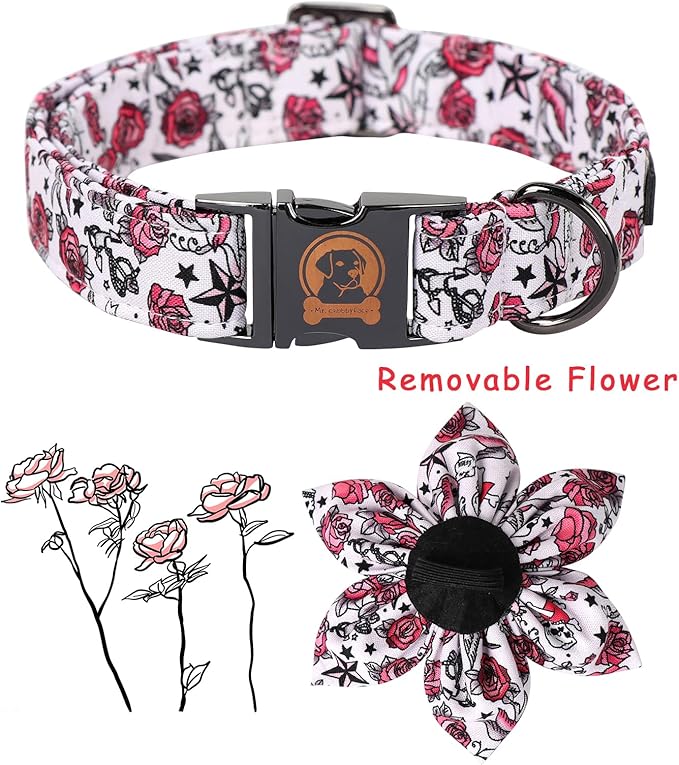 MR. CHUBBYFACE Valentine's Dog Collar with Flower-Cute Pink Rose Cotton Dog Collar, Adjustable Valentine's Boy Girl Dog Collars with Metal Buckle for Small Medium Large Dogs