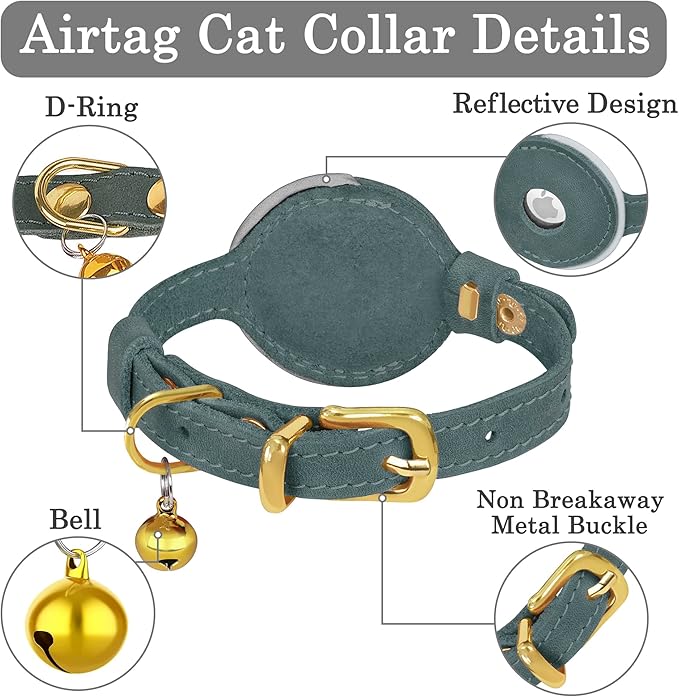 OOPSDOGGY Reflective Leather AirTag Cat Collar with Bell - Non Breakaway Adjustable Pet Collar with Apple Air Tag Holder - Lightweight GPS Kitten Collars for Small Dogs Puppy (Denim)