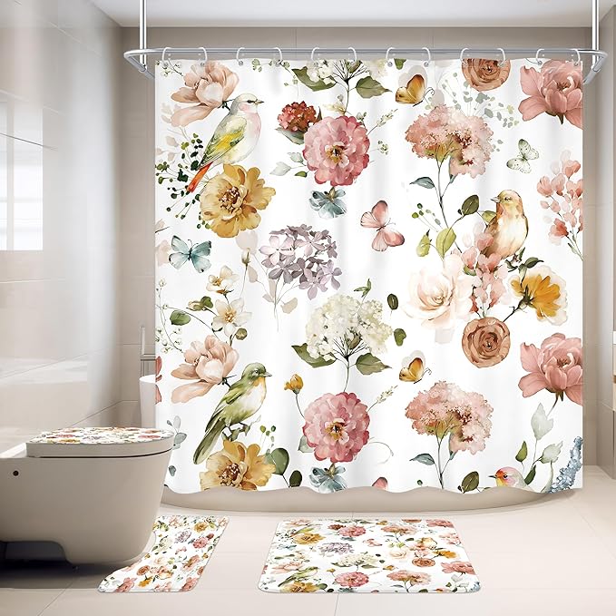 4 PCS Spring Floral Birds Bathroom Set with Shower Curtain and Rugs 72Wx72H Inch Flower Plant Watercolor Non-Slip Bath Rug Toilet Lid Cover and U Shape Mat Accessories 12 Hooks Bathoom Decor