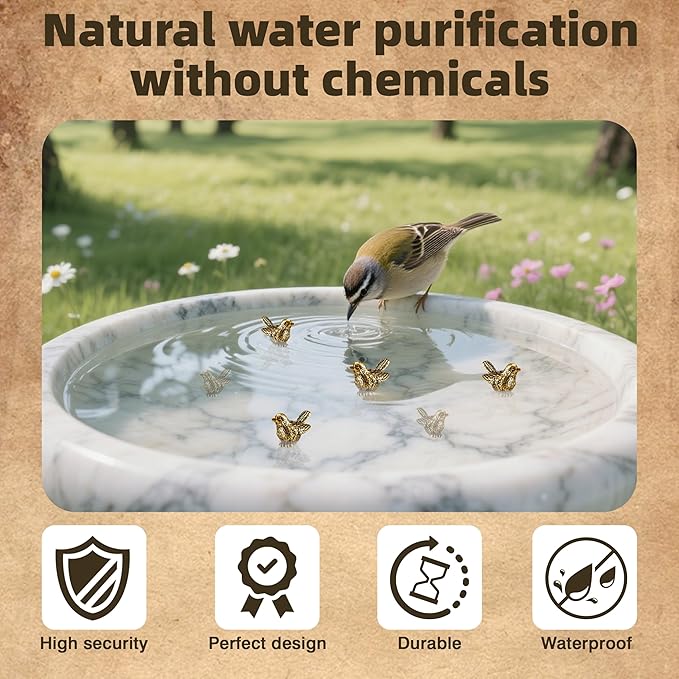 6 Pcs Copper Bath Disks Ornaments Mini Bird Shape, Retro Copper Birdbath Purification Cleaner, Fit for Outdoor Birdbaths, Bowls