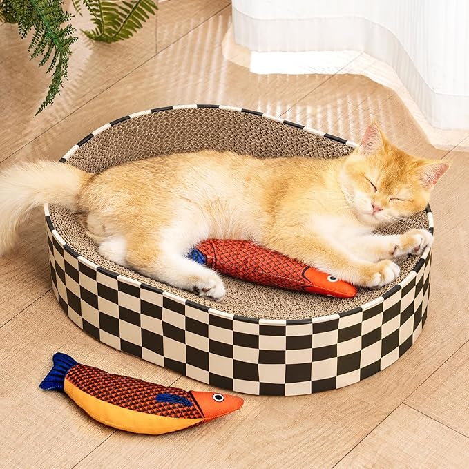 Cat Scratcher Bed,2 in 1 Oval Cat Scratching Board for Indoor,Scratch Pad Corrugated Cardboard Lounge Bowl Nest Couch Sofas for Kitty Play&Rest,Holiday Birthday Gift with Kittens Toy Fish