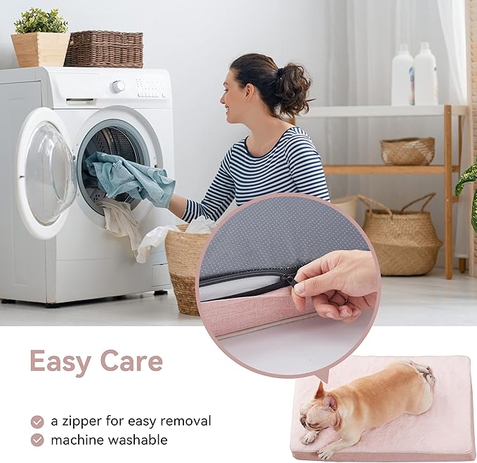 Memory Foam Orthopedic Large Dog Bed, Washable Dog Bed for Crate with Cooling Gel Mattress, Waterproof Liner and Plush Removable Cover for Extra Large Dogs (Pink)