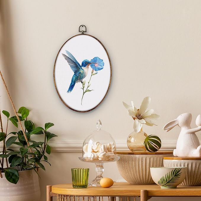 DILSJ Blue Hummingbird Floral Oval Wall Art Decor, Bird Hummingbird Canvas Wall Art Framed, Rustic Farmhouse Bird Flower Hanging Decorations for Home Living Room Bedroom, 11x8.5 Inch