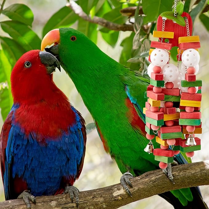 4 Pcs Extra Large Bird Parrot Toy Multicolored Natural Wooden Parrot Cage Chewing Toys for Large Medium Macaws Cockatoos African Grey Birds (Block and Ball)