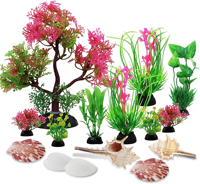 Aquarium Plants with Natural Decorations Shells, 15pcs Fish Tank Decoration Colorful Artificial Fish Tank Decor Plants Aquarium Decorations for Household and Office Aquarium Simulation