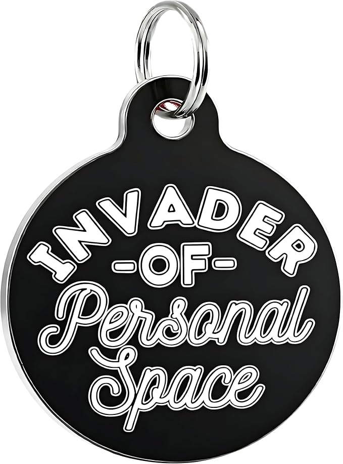 Bad Tags Personalized Dog and Cat ID Tags in 25+ Designs and 2 Sizes - 5 Lines of Custom Engraved Text - Funny Cute Personalized Pet Tags (Invader of Personal Space - Black, Small (1 inch))