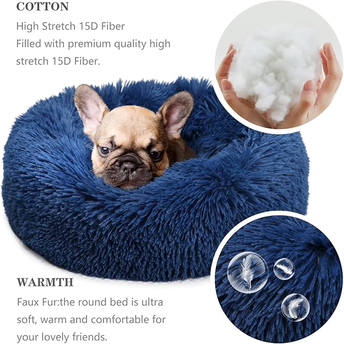 Calming Donut Dogs Beds for Small Dogs Washable,19inch Fluffy Round Puppy Bed for Puppies,Cats & Toy Breeds with Raised Rim,Fits up to 15 lbs Pets,Navy Blue