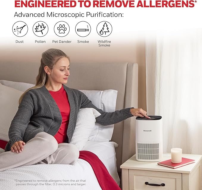 Honeywell Allergen Plus Compact HEPA Small Room Air Purifiers for Home, Up to 530 Ft² Coverage, 3-in-1 Filter, Pet Dander, Smoke & Odor Reducer Air Quality Sensor with Auto Mode, White, HPA125W