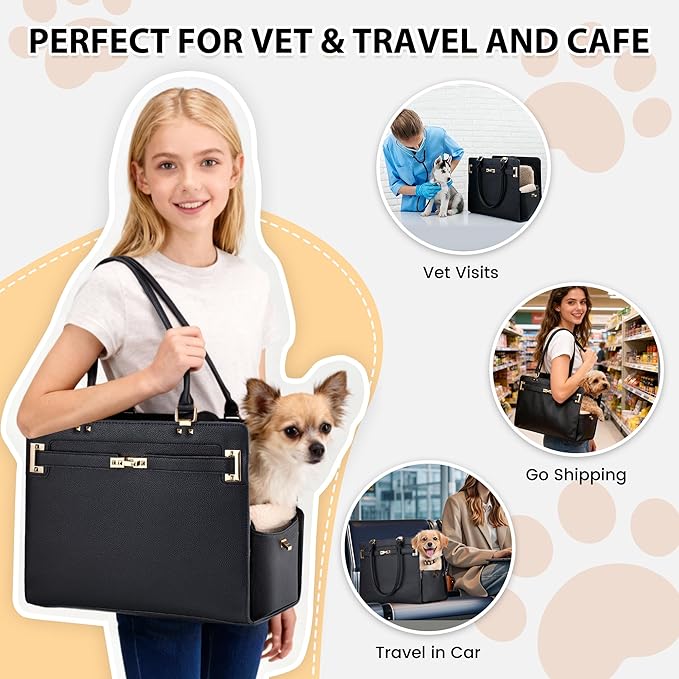 Dog Purse Carrier for Small Dogs, Stylish Foldable Pet Carrier Purse Tote Bag with Washable Cushion & Safety Leash, Airline Approved Puppy Travel Bag with Pockets (Black)