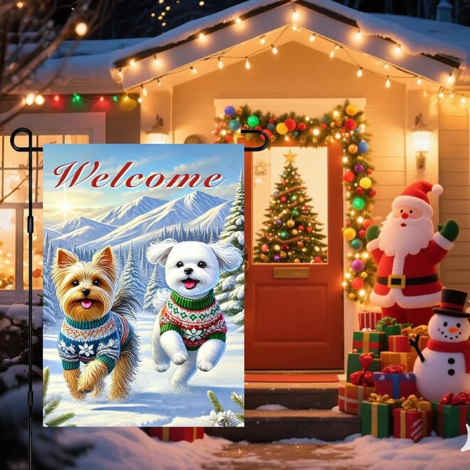 Welcome Winter Garden Flag Two Cheerful Dogs Flag Winter Sweaters 12x18 Inch Double Sided Outdoor Banner For Front Yard Porch Lawn Patio Seasonal Home Decor Pet Animal Outside