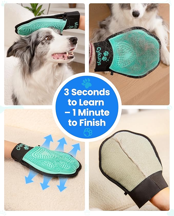 Pet Hair Removal Glove for Dogs & Cats(2-Pack), 2-in-1 Double-Sided Pet Grooming Glove, Electrostatic Pet Hair Remover Glove for Clothes & Furniture + Silicone Brush for Deshedding Pets
