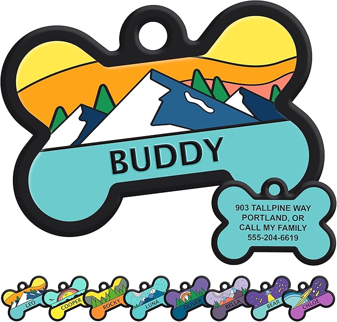 GoTags Silent Dog Tag, Personalized Engraved Bone Silicone Dog and Cat Name Pet ID Tags, Soundless No More Jingling Dog Tags (Mountain Orange)
