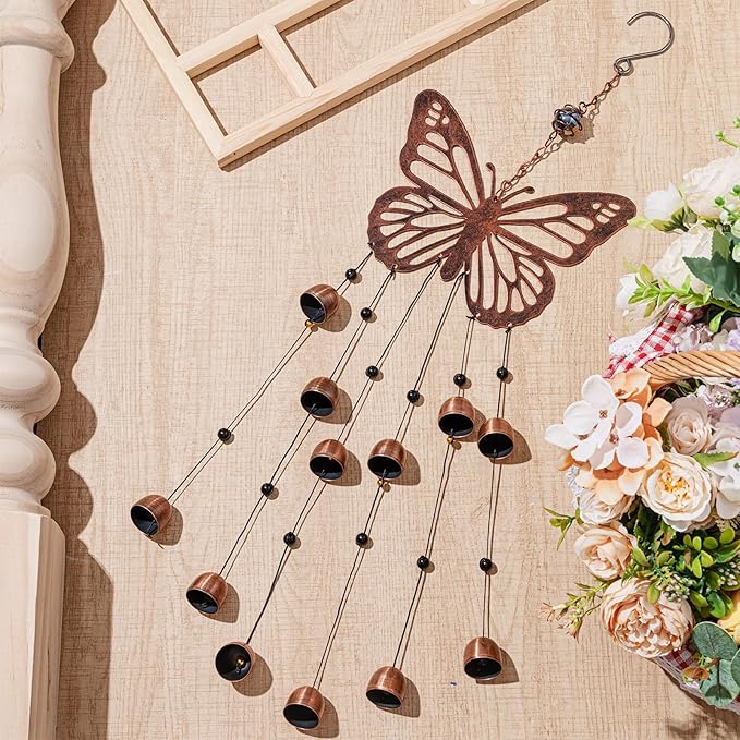 24 Inch Metal Wind Chimes Decor for Outside Garden Birthday Gift for Women Men Bronze Windchimes Pet Memorial Gift with 12 Bell for Patio Yard Lawn Housewarming Front Yard(Butterfly)