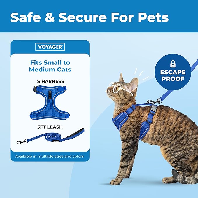 Voyager Escape-Proof Step-in Lock Cat Harness & 5ft Neoprene-Handle Leash Set All-Weather Mesh with Reflective Stitching for Small to Large Cats by Best Pet Supplies, Royal Blue (327), S