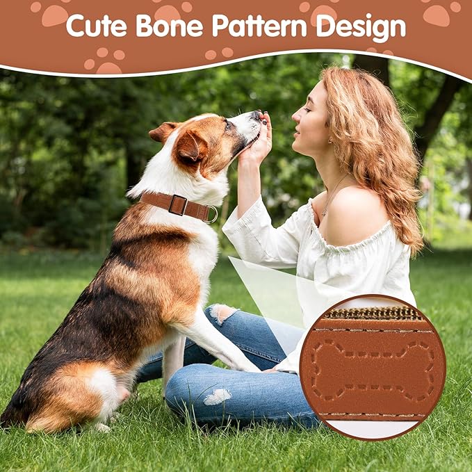 TDTOK Stylish Leather Dog Collar, Comfortable Soft PU Leather Dog Collars for Large Medium Small Dogs with Quick Release Metal Buckle, Adjustable Pet Collar with Cute Bone Pattern Design