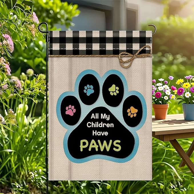 12x18 All My Children Have Paws Garden Flag Cat Paw Print Black Gingham Outdoor Decor for Pet Lovers Porch Yard Patio Decorations