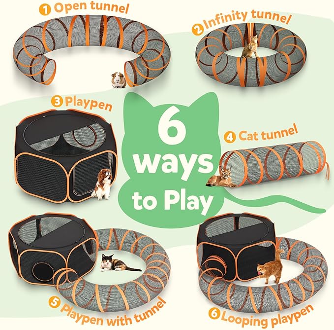 Cat Outdoor Enclosures Tunnel Playpen - Portable Playpen Indoor Collapsible Cats Enclosure with Shade Cover 2 Tunnels for Large Small Pets Animal Outside Catio Happy Travel Camping Back Yard