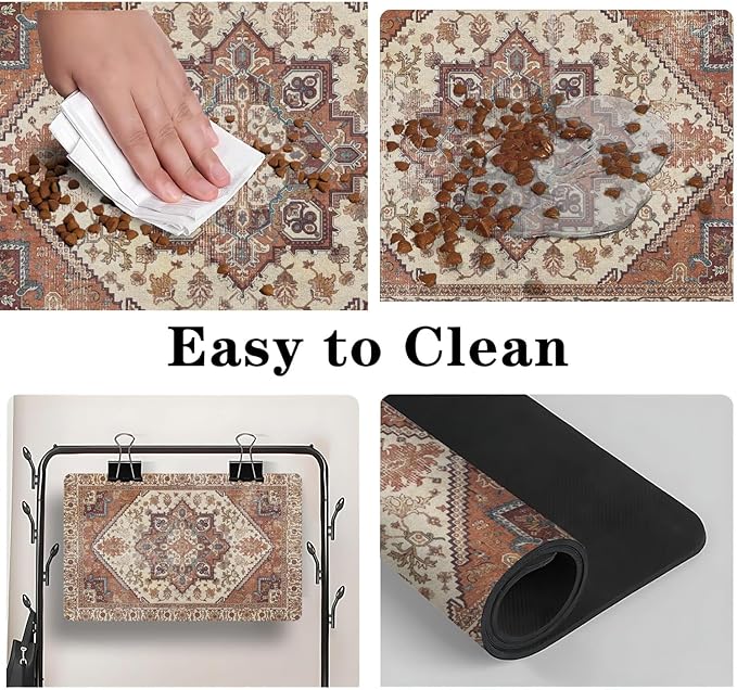Dog Food Mats for Floors, Absorbent and Quick-Drying Pet Cat Food Mat,Anti-Fouling and Easy-to-Clean Pet Feeding Mat,Dog Bowl Mat for Messy Drinking Water Bowls.17 x27, Bohemia Style