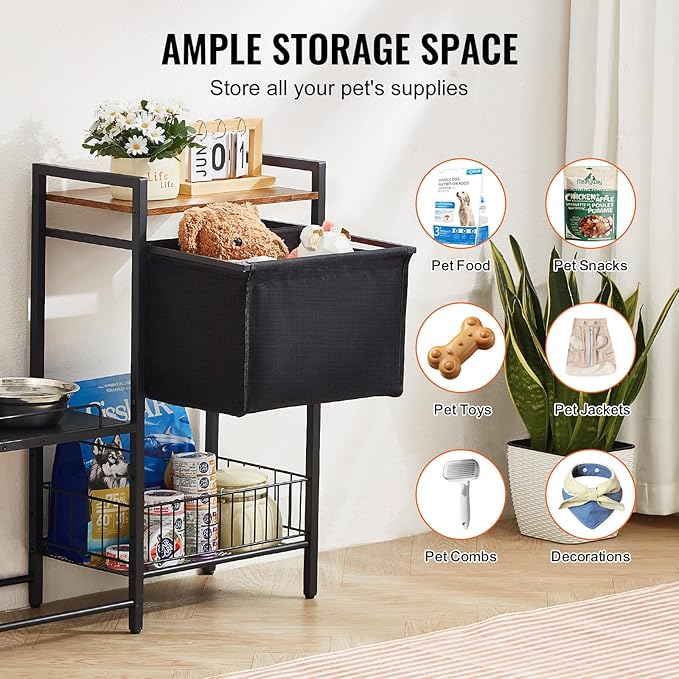 VEVOR Pet Feeding Station with Storage, 4 Height Adjustable Elevated Dog Bowl, Dog Bowls Stand with Toy Bin Basket, Raised Feeding Station Cabinet, Pet Storage Organizer for Large Medium Small Dogs