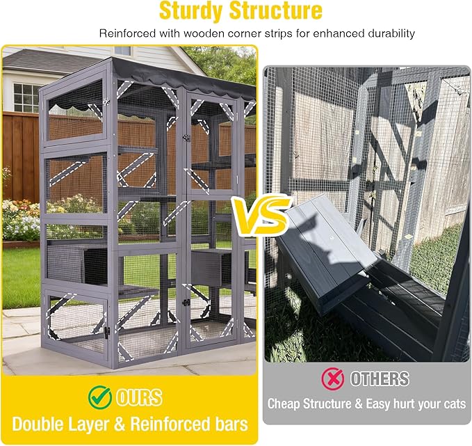 Aivituvin Cat House Outdoor Catio Kitty Enclosure with Super Large Enter Door,Wooden Cat Cage Condo Indoor Playpen with Platforms,Small House,70 Inch