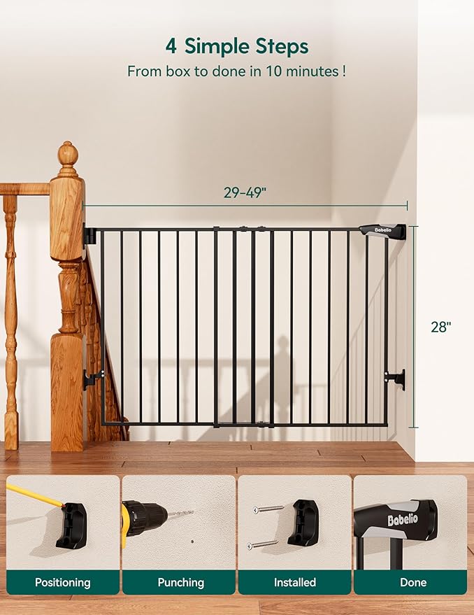 Babelio Baby Gate for Stairs, Kitchen & Doorways, No Bottom Bar| Easy Installation| One-Handed Operation| Auto-Close| Hardware Mount (Drill Needed) Safety Dog Gate (Black - B17, 29-49" W, 28" H)