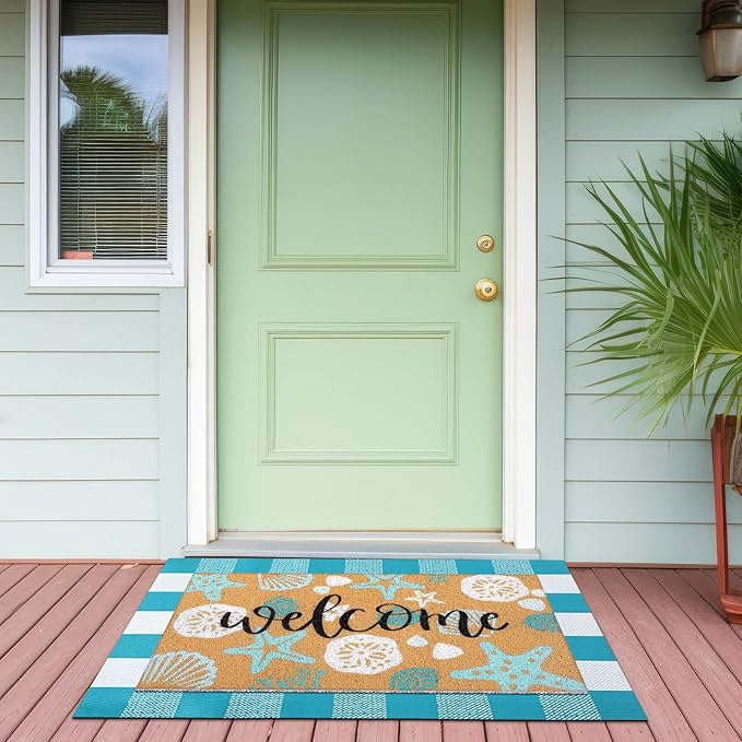 Tinideya 2 Pcs Summer Door Mat Coastal Beach Welcome Non Slip Coir Mats Sea Style Starfish Seashells Ocean Buffalo Plaid Floor Layering Doormats Seasonal for Front Porch Entryway Decor(Summer Beach)