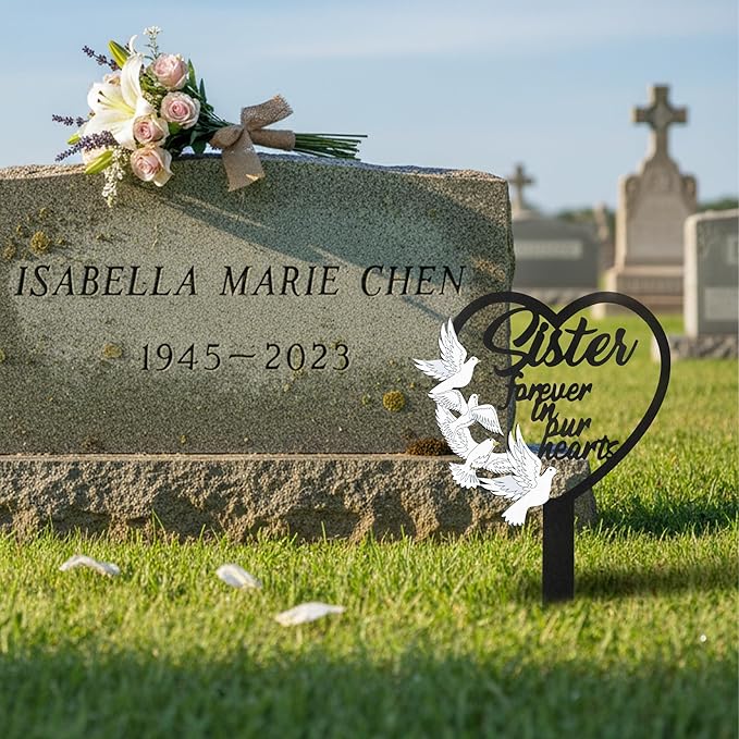 BUoonyer Stake Graves Cemetery Decorations - Sister Metal Memorial Grave Markers, Girls Heart Graveyard Sympathy Plaque, Dove Remembrance Graveside Burial Decor Sign for Outside Yard Garden