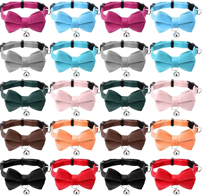 20 Pcs Cat Bowtie Collars with Bell, Solid Colors Kitten Bow Breakaway Cat Bowtie for Boys Girls, Adjustable Pet Collar with Safety Buckle Kitten Puppy Pet Accessories