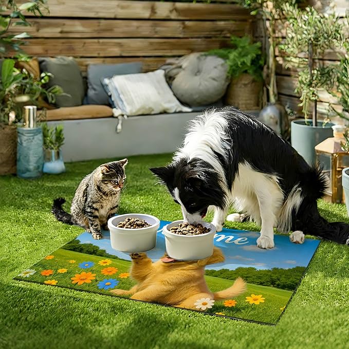Welcome Spring Pet Feeding Mat 24" x 16" Non Slip Dog and Cat Food Mat Easy Clean Feeding Mat for Puppy and Kitten Cute Cat Feedings Mat for Indoor Cats Food and Water Mat for Pet Bowls