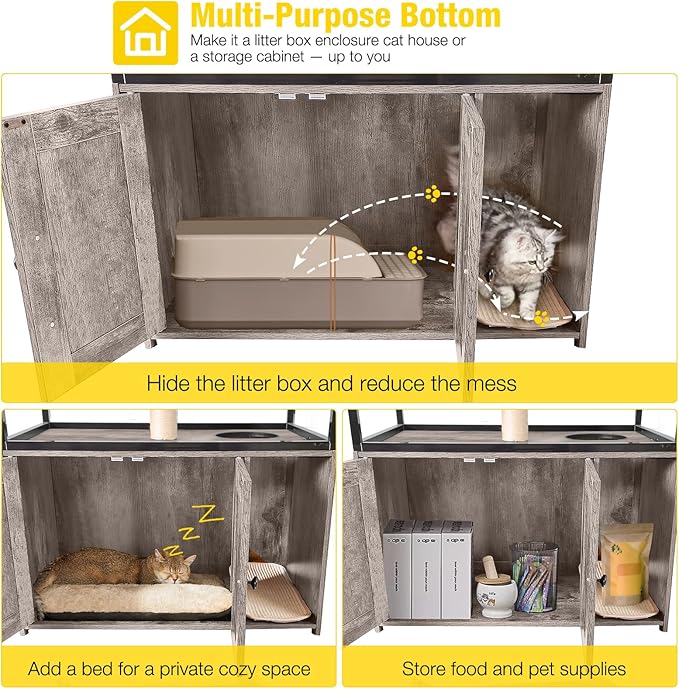 Aivituvin Cat Litter Box Enclosure, Litter Box Furniture Hidden, Wooden Cat Washroom Furniture, Indoor Cats House with Condo, Hammock, Scratching Mat and Storage Shelves-Greige