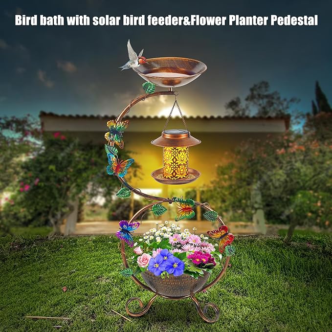 Metal Birdbath with Flower Planter Pedestal and Solar Bird Feeders Combo for Outdoor, Decorative Bird Bath with Butterfly for Garden Yard Outside
