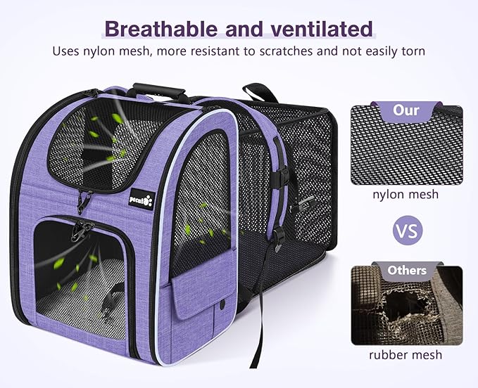 Pecute Cat Backpack Carrier Expandable, Pet Backpack for Cats & Small Dogs Up to 11lbs, with 4-Side Breathable Mesh, Multi-Entry & Lockable Zippers for Travel, Hiking, Camping - Hands Free, Purple