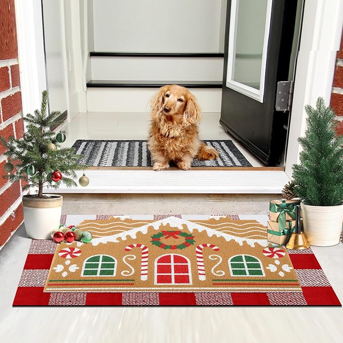 Tinideya 2 Pcs Door Mat Welcome Non Slip Coir Mats Floor Layering Doormats Seasonal for Front Porch Entryway Decor(Gingerbread House)
