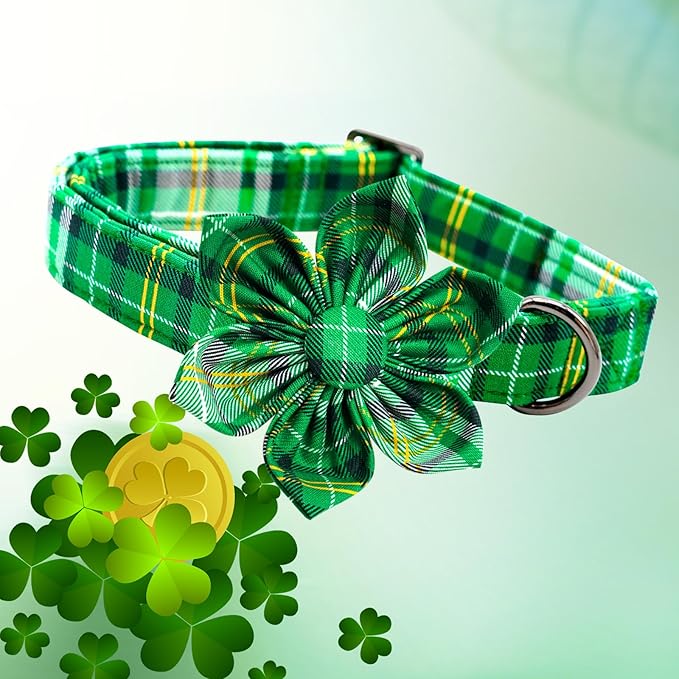 Lionheart glory St. Patrick's Day Dog Collar with Flower Dog Collar for Large Dogs, Green Plaid Cute Collars Spring Dogs Collars Flower Puppy Heavy Duty Cute