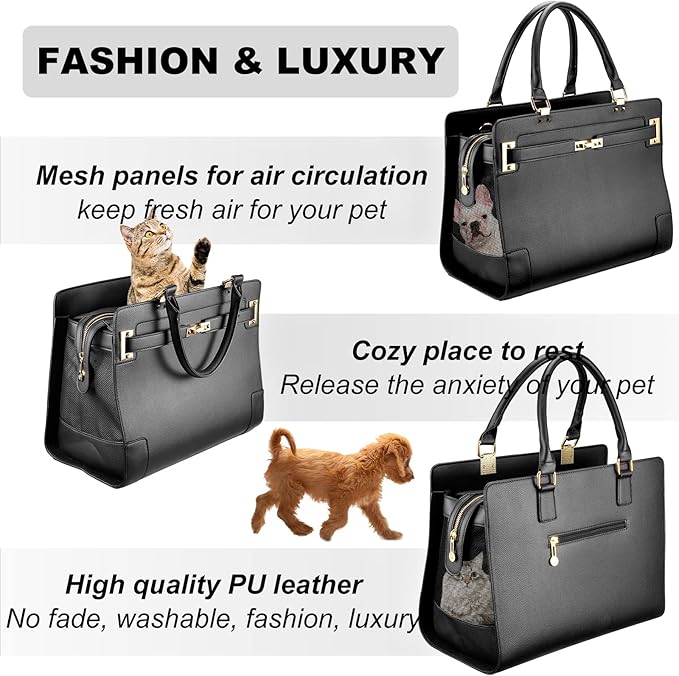 Fashion Dog Purse Carrier for Small Dogs with Shoulder Strap, Hold Up to 7lbs Quality PU Leather Pet Carrier, Cat Carrier, Airline Approved Puppy Purse Carrier for Travel (Black, Small Size)